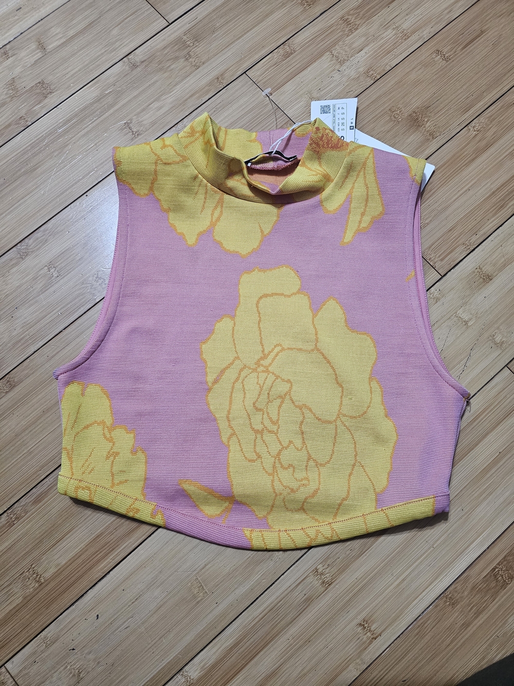 Zara Pink and Yellow Floral Mock-Neck Crop Top